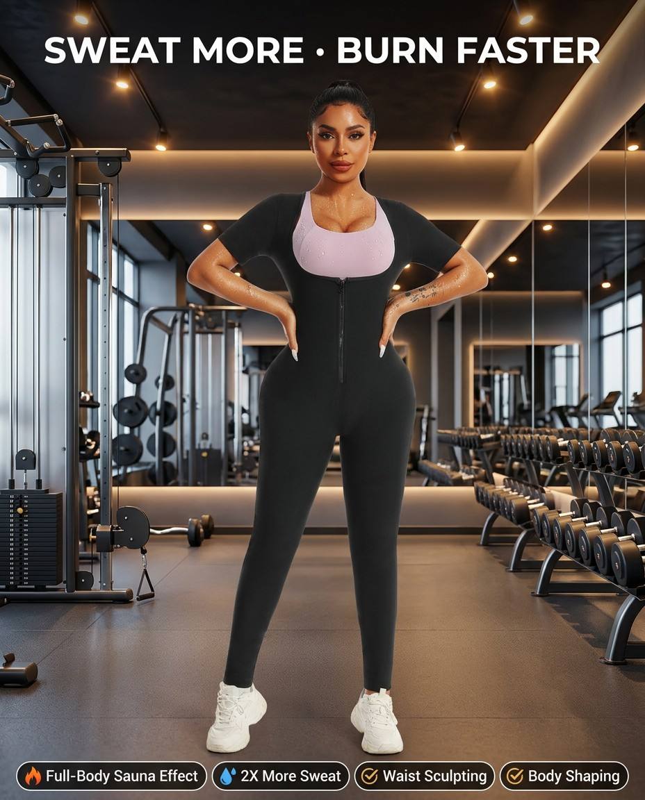 Women's Sauna Suit Short Sleeve Jumpsuit, Sweat Enhancer Workout Shapewear