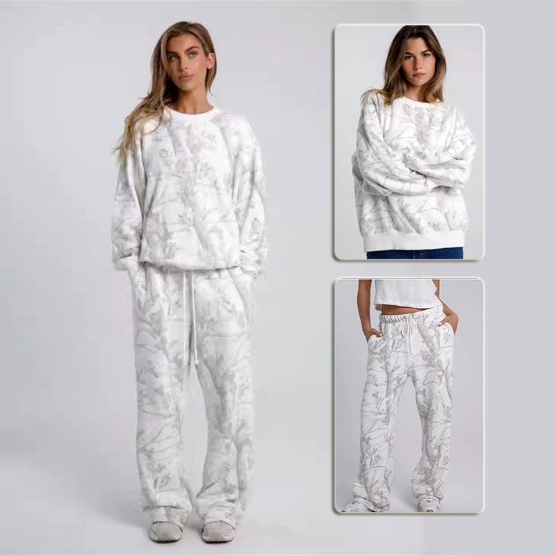Autumn Winter Two Piece Sets Women Camouflage Hoodie Maple Leaf Print
