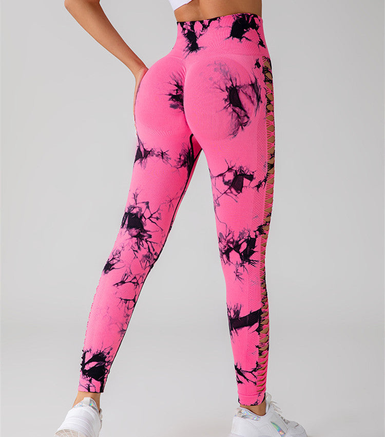 Hollow Tie Dye Printed Yoga Pants High Waist Butt Lift Seamless Sports Gym