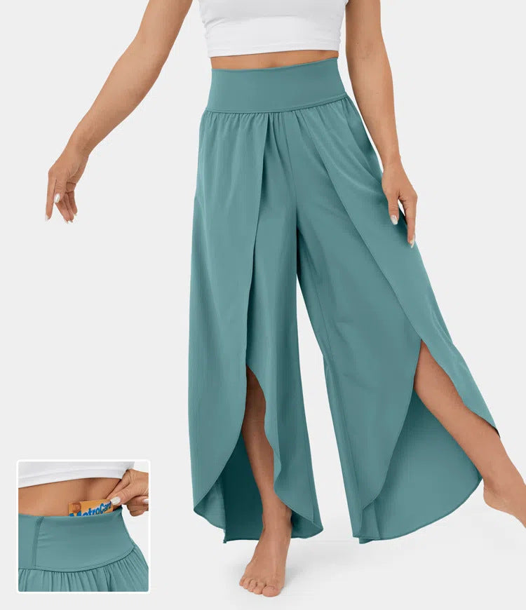 Loose Split Yoga Pants Summer Elastic High Waist Wide Leg Trousers Women's