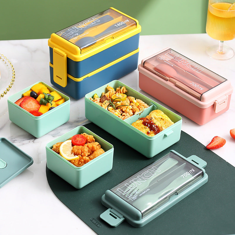 Plastic Lunch Box Microwavable Set Double Layer Divider With Cutlery