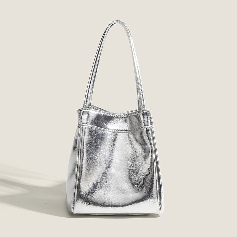 Lunch Box Bag Silver Bright Leather Portable Small Square