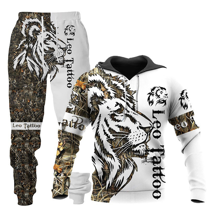 3D Wolf Print Tracksuit Men Sportswear Hooded Sweatsuit Two Piece Outdoors
