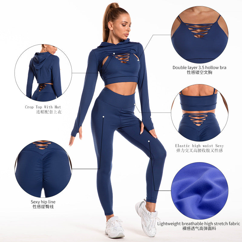3pcs Sports Suits Long Sleeve Hooded Top Hollow Design Camisole And Butt