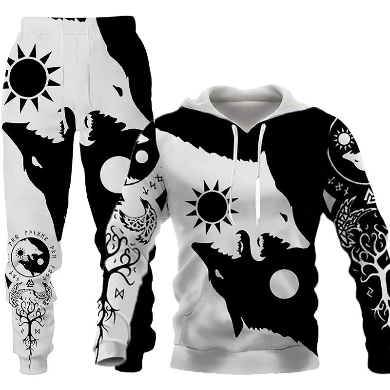 3D Wolf Print Tracksuit Men Sportswear Hooded Sweatsuit Two Piece Outdoors