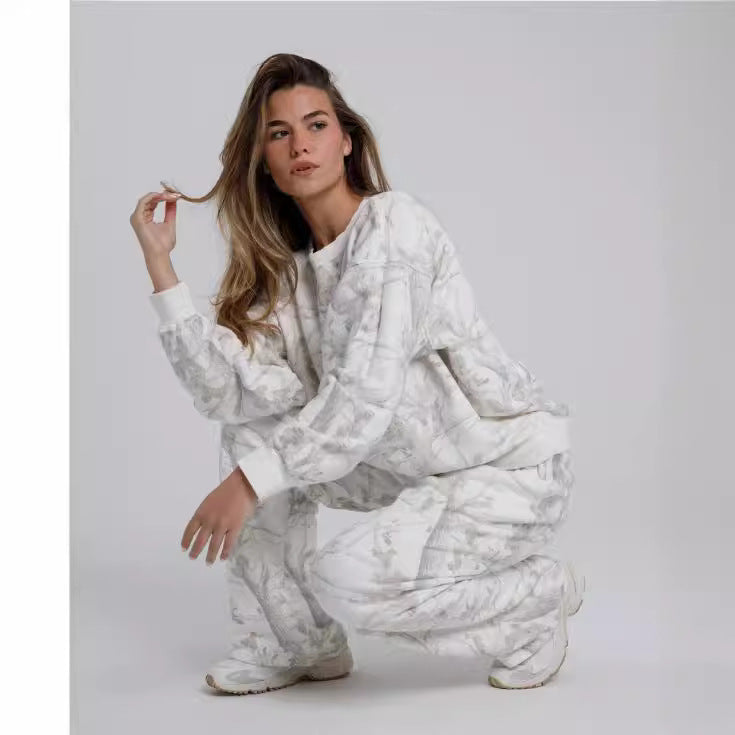 Autumn Winter Two Piece Sets Women Camouflage Hoodie Maple Leaf Print