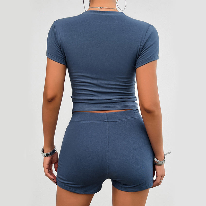 Solid Color Slim Sports Suit Summer 2Pcs Short-sleeved Round Neck T-shirt And
