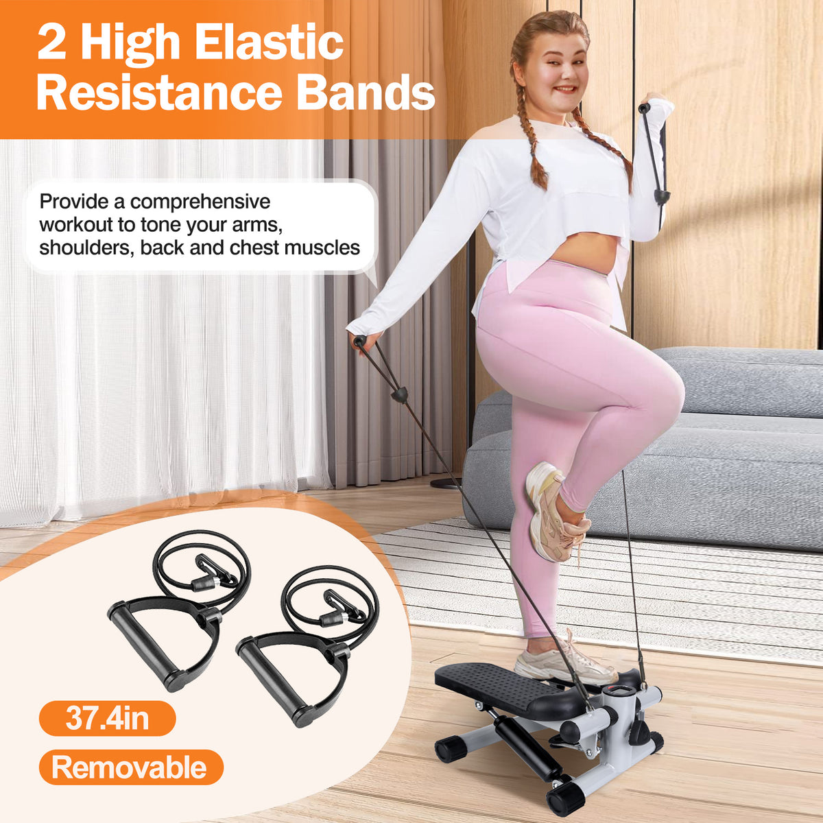 Stepper For Exercise Mini Fitness With 2 Resistance Bands LCD Monitor Max