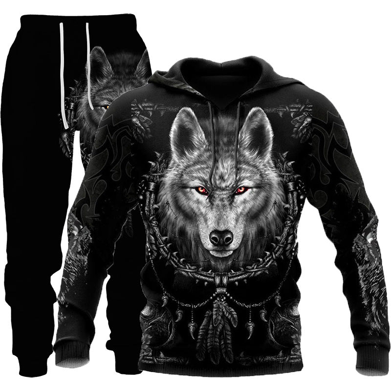 3D Wolf Print Tracksuit Men Sportswear Hooded Sweatsuit Two Piece Outdoors