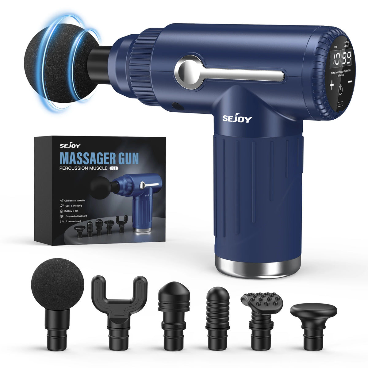 Sejoy Portable Muscle Massage Gun – 10 Speeds and 6 Heads